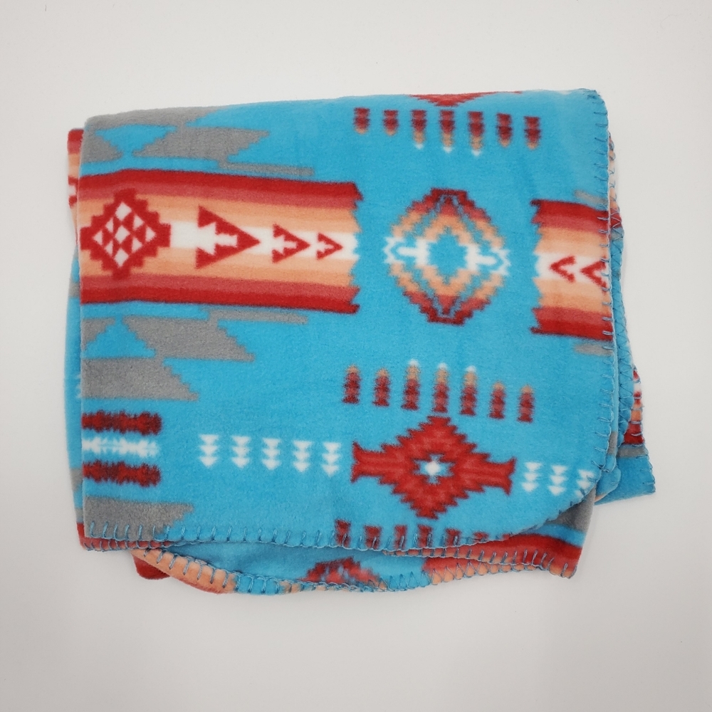 Boho Southwestern Print Festival Fleece Throw Blanket Blue NEW